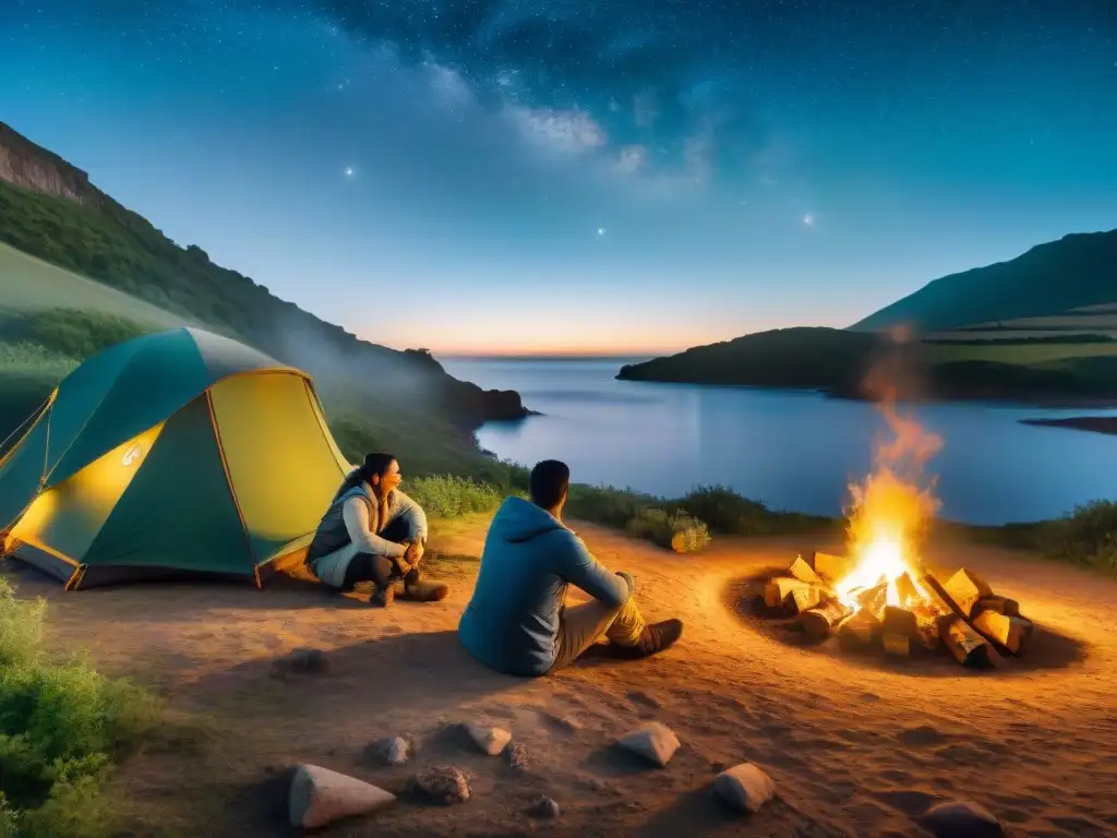 Amistad alrededor de la fogata en camping en Uruguay Grupo diverso de campistas en Uruguay disfrutan de una fogata, reflejando amistad y camaradería