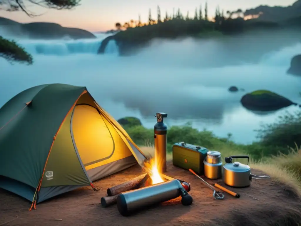 Campamento multifuncional: herramientas de camping en acción Un grupo diverso de campistas utiliza herramientas multifuncionales para camping en la impresionante naturaleza de Uruguay