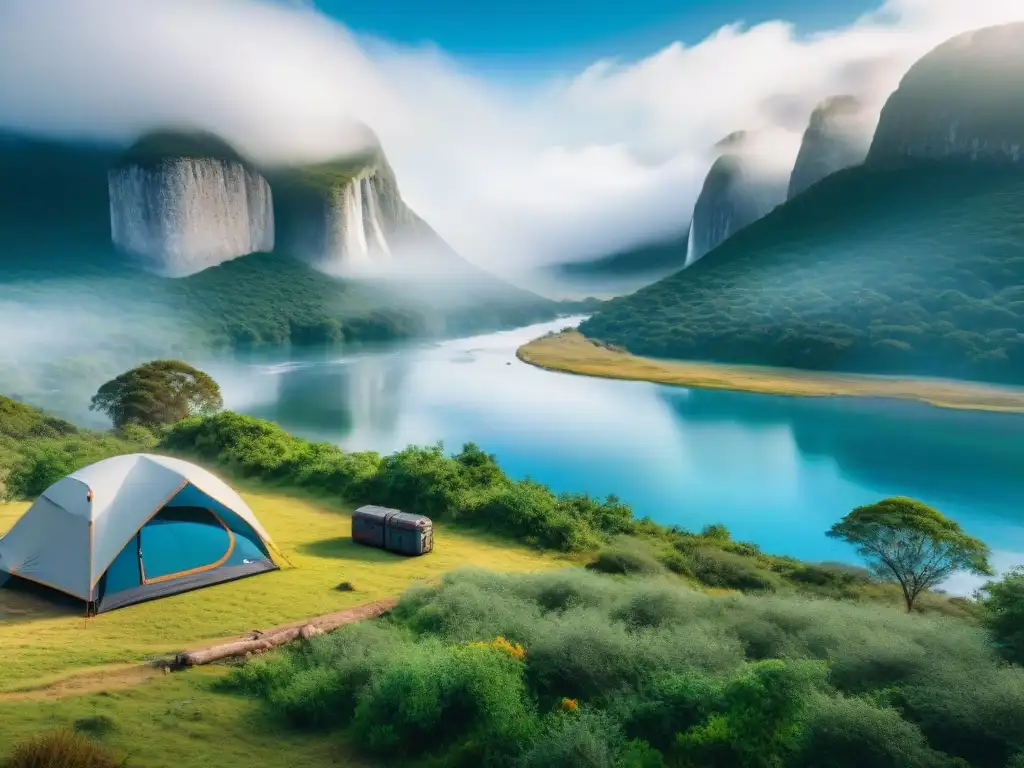 Campamento en Uruguay: herramientas multifuncionales en acción Un grupo diverso de campistas en Uruguay usando herramientas multifuncionales para camping en un escenario natural