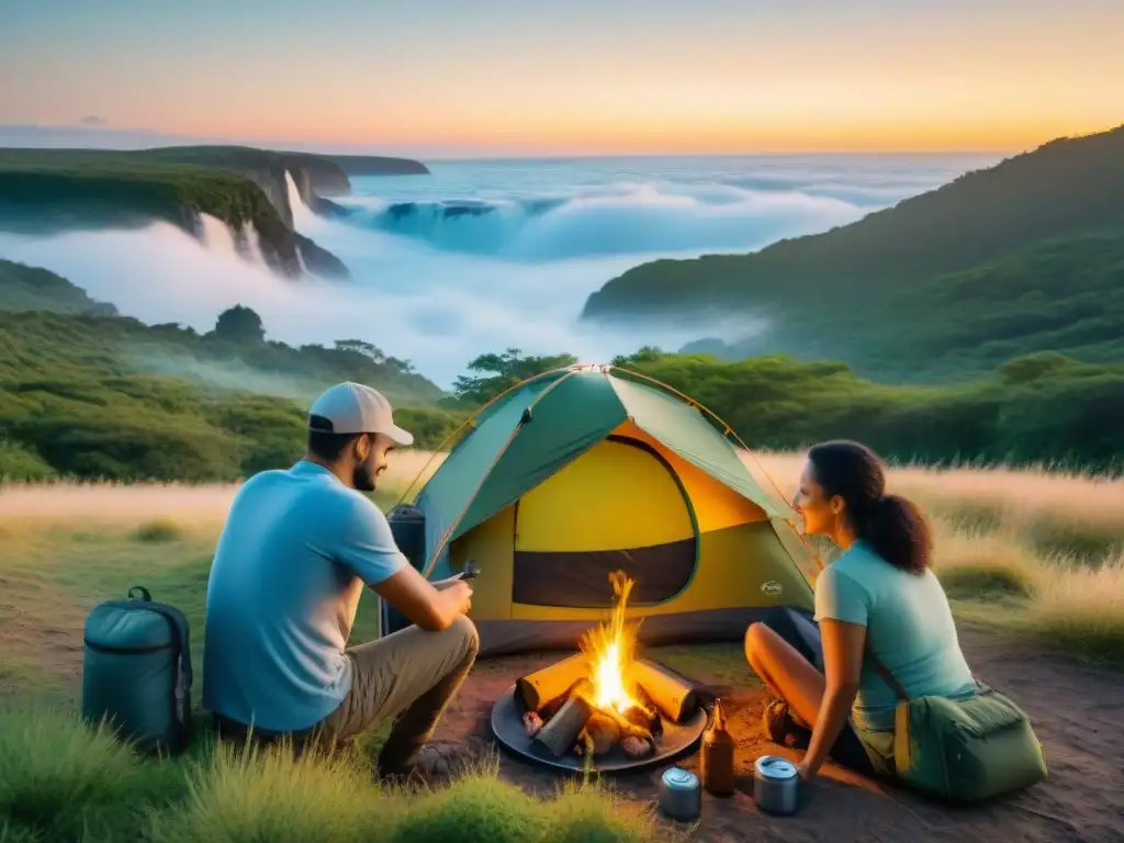 Equipo de camping multifuncional: diversión en la naturaleza de Uruguay Un grupo diverso de campistas utiliza herramientas multifuncionales para camping en la exuberante naturaleza de Uruguay al atardecer