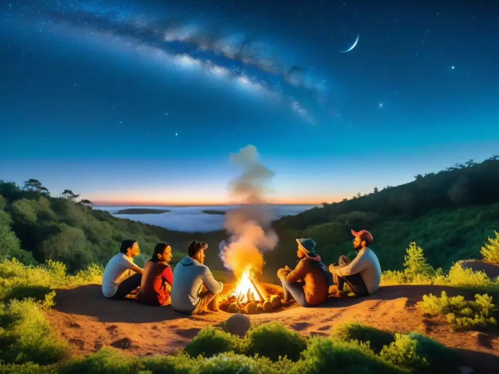 Campamento bajo las estrellas: Comunidad y cuentos en Uruguay Un grupo diverso de campistas compartiendo historias alrededor de la fogata en un bosque de Uruguay