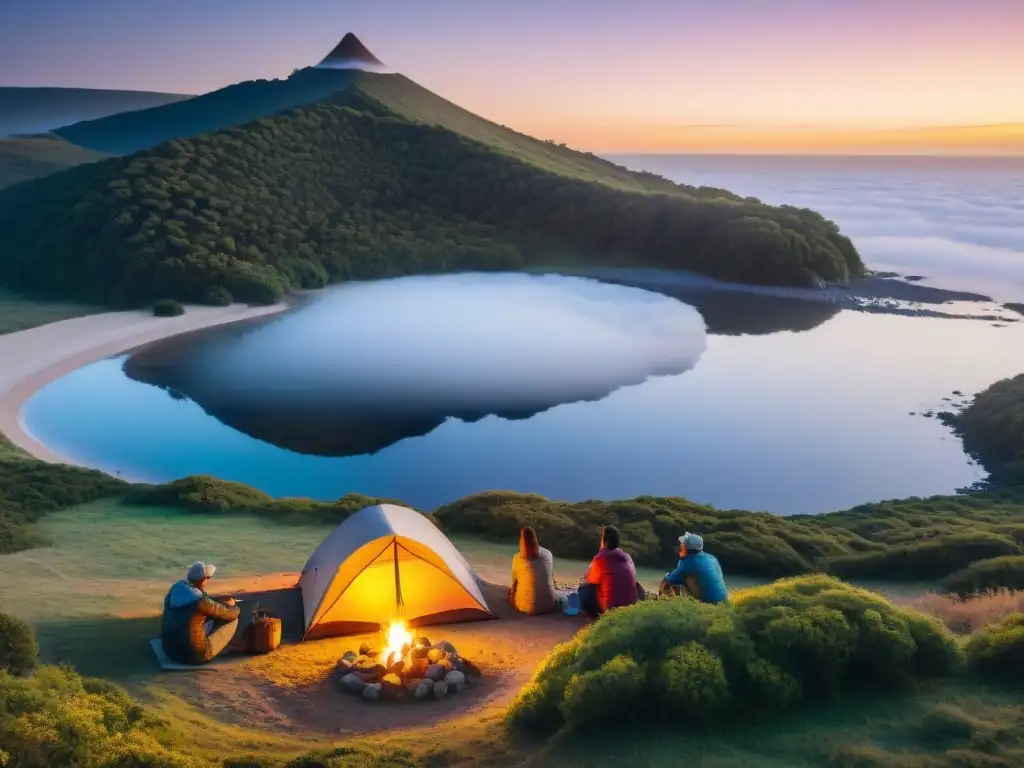 Campamento mágico en Uruguay: atardecer colorido junto al lago Grupo diverso de campistas comparten historias alrededor de una fogata en un campamento en Uruguay al atardecer
