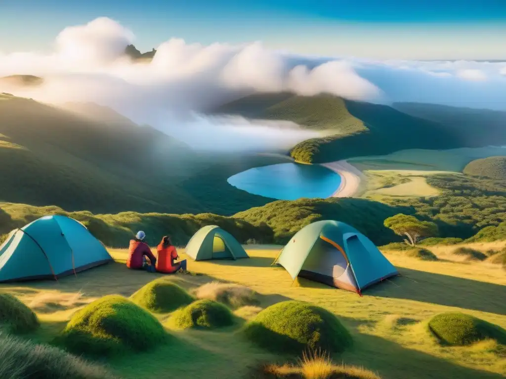 Guía visual: Campamento en Uruguay con diversidad y detalles Grupo diverso de campistas en Uruguay con indumentaria de camping, preparando comida y disfrutando actividades al aire libre