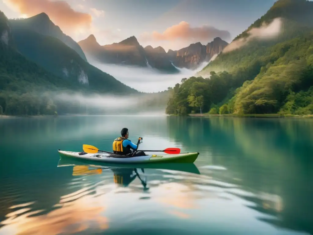 Kayakistas al amanecer: Aventura y naturaleza en el lago Grupo diverso de campistas remando kayaks coloridos en lago al amanecer, creando ambiente místico en campamento
