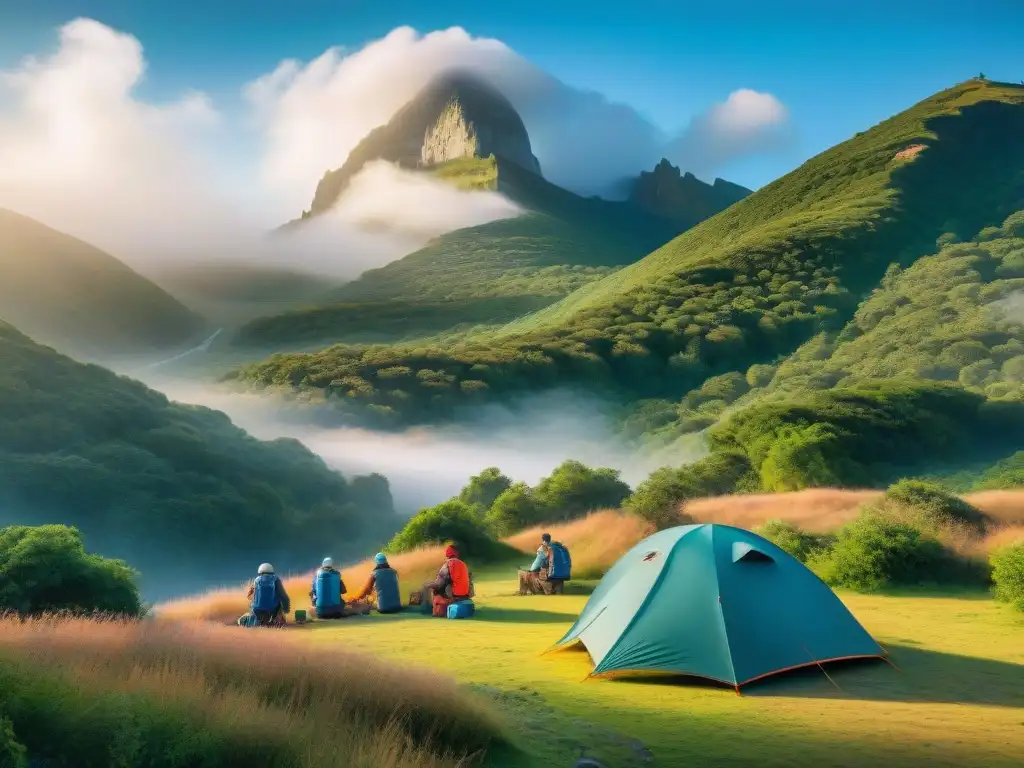 Campers en Uruguay: kits personalizados para aventuras al aire libre Un grupo diverso de campistas en Uruguay con kits de primeros auxilios personalizados, listos para aventuras al aire libre