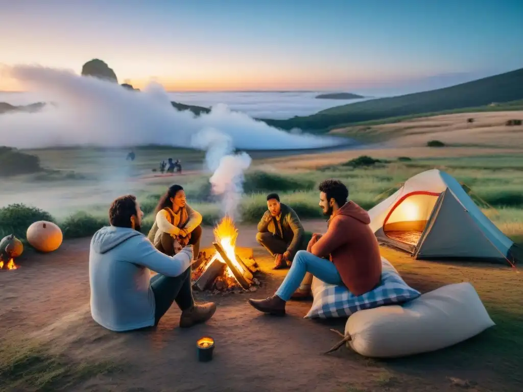 Conversaciones alrededor del fogón: diversidad y mate en camping uruguayo Grupo diverso de campistas compartiendo mate alrededor de fogata en camping de Uruguay al atardecer