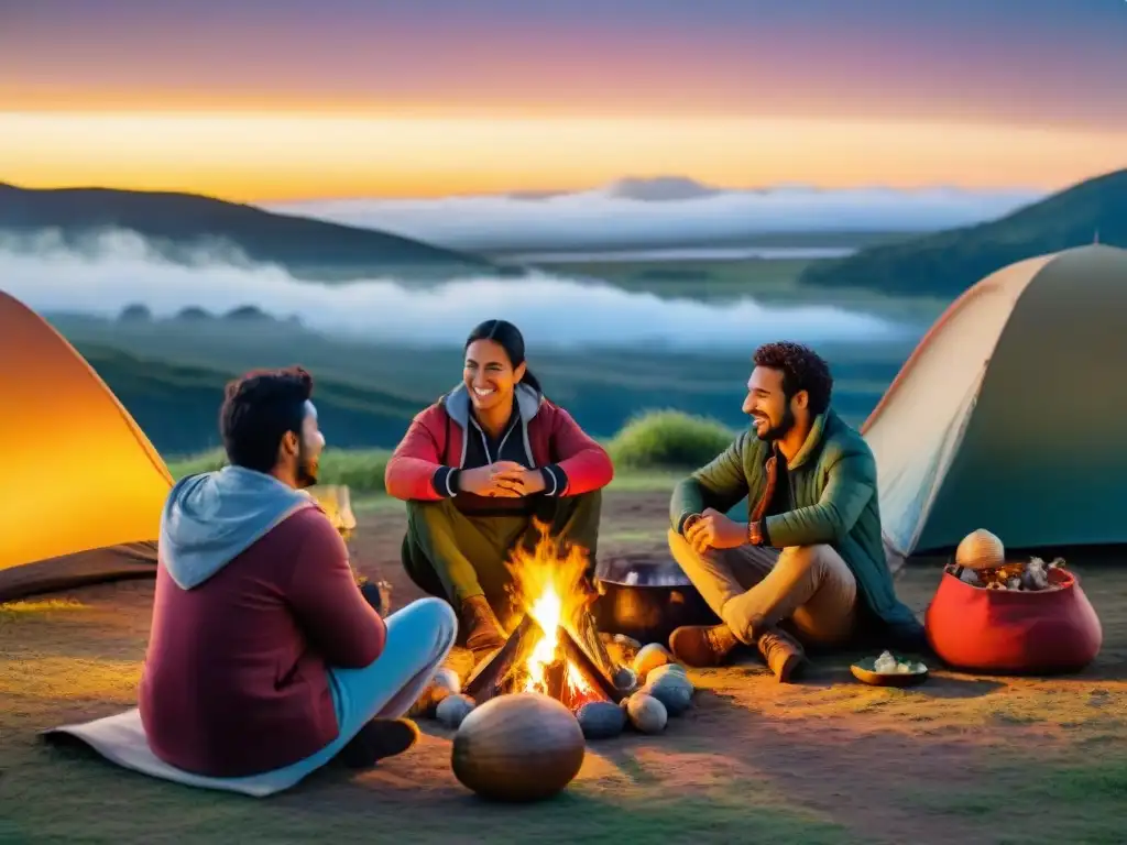 Campamento en Uruguay: mates, fogata y camaradería al atardecer Grupo diverso de campistas compartiendo mate y charlas alrededor de fogata en camping uruguayo, reflejando impacto cultural camping Uruguay