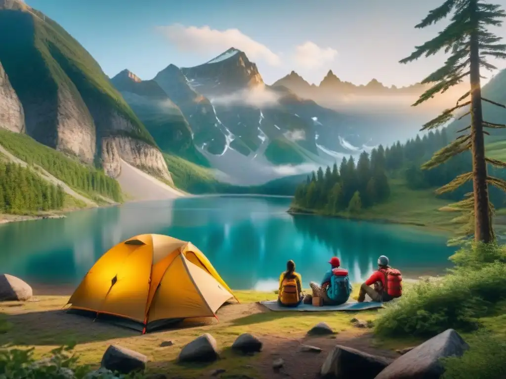 Exploración y camaradería en el bosque al atardecer Un grupo diverso de campistas disfruta de la naturaleza en un bosque