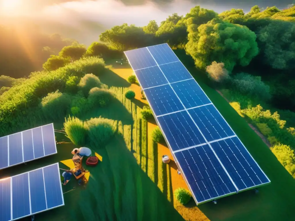 Campamento sostenible: energía solar en la naturaleza Grupo diverso de campistas montando paneles solares portátiles para camping al atardecer en la naturaleza