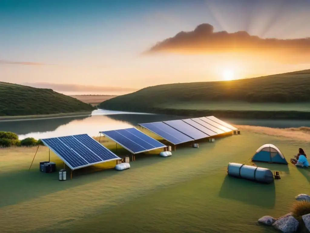 Campamento ecoamigable en Uruguay: energía solar al atardecer Grupo diverso de campistas en Uruguay montando paneles solares portátiles en campamento junto al río al atardecer