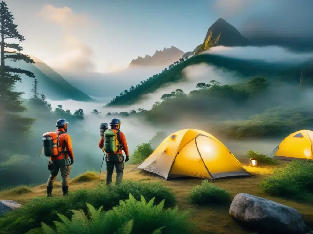 Campistas protegidos: aventura al aire libre sin insectos Grupo diverso de campistas con protección contra parásitos en camping, rodeados de naturaleza exuberante y barrera luminosa