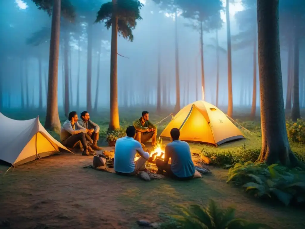 Campamento en Uruguay: Integrando Primeros Auxilios Psicológicos en la Naturaleza Grupo diverso de campistas en Uruguay practicando primeros auxilios psicológicos en un entorno natural sereno