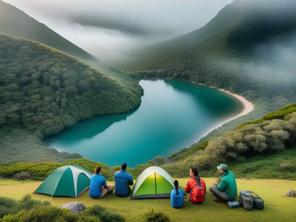 Entrenamiento de primeros auxilios en la naturaleza de Uruguay Grupo diverso de campistas en Uruguay aprendiendo primeros auxilios antes de aventura al aire libre