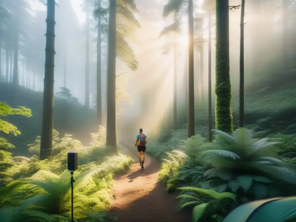 Exploradores tecnológicos disfrutan la naturaleza Grupo diverso de campistas con rastreadores de actividad caminando en un bosque exuberante