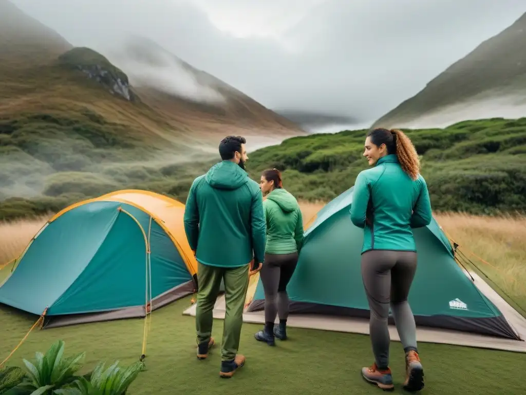 Campamento en Uruguay: diversidad y preparación para el clima Grupo diverso de campistas en Uruguay con ropa técnica para clima variado, preparándose para acampar en un campamento verde