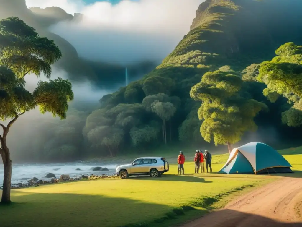 Montaje de tiendas en campamento en Uruguay: experiencia serena Grupo diverso de campistas armando tienda en un hermoso camping en Uruguay