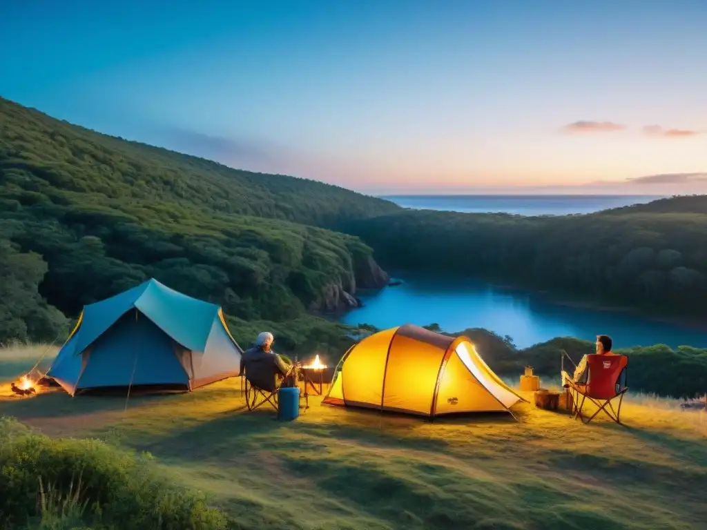Campamento diverso en Uruguay: comunidad, aventura y naturaleza Un grupo diverso de campistas montando tiendas de colores en un bosque de Uruguay