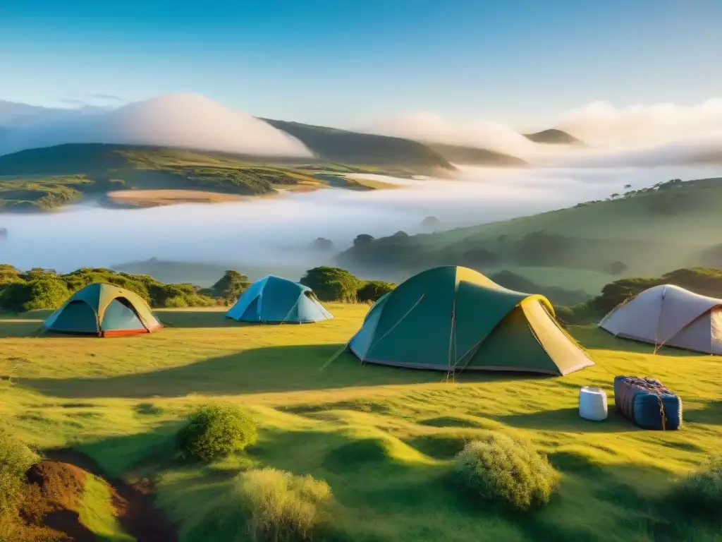 Campamento diverso en Uruguay: armonía en la naturaleza Grupo diverso de campistas armando tiendas en un camping uruguayo, reflejando la diversidad local