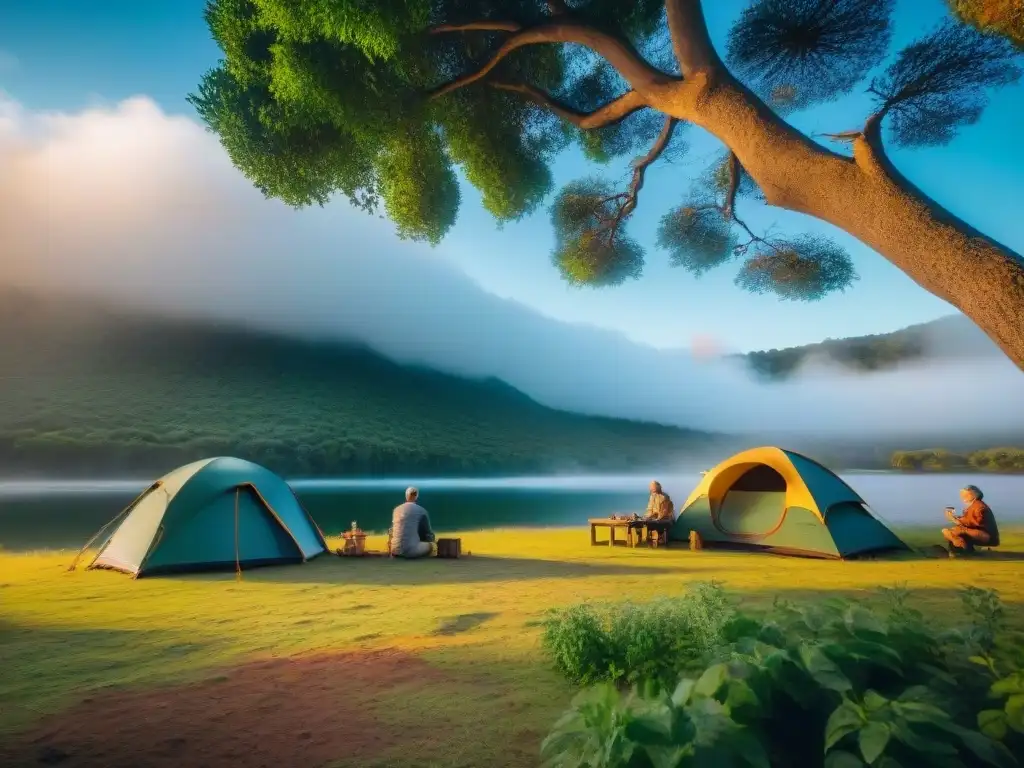 Experiencia de camping en Uruguay: diversión en la naturaleza Un grupo diverso de campistas monta tiendas y prepara una comida en un campamento en Uruguay, rodeado de naturaleza