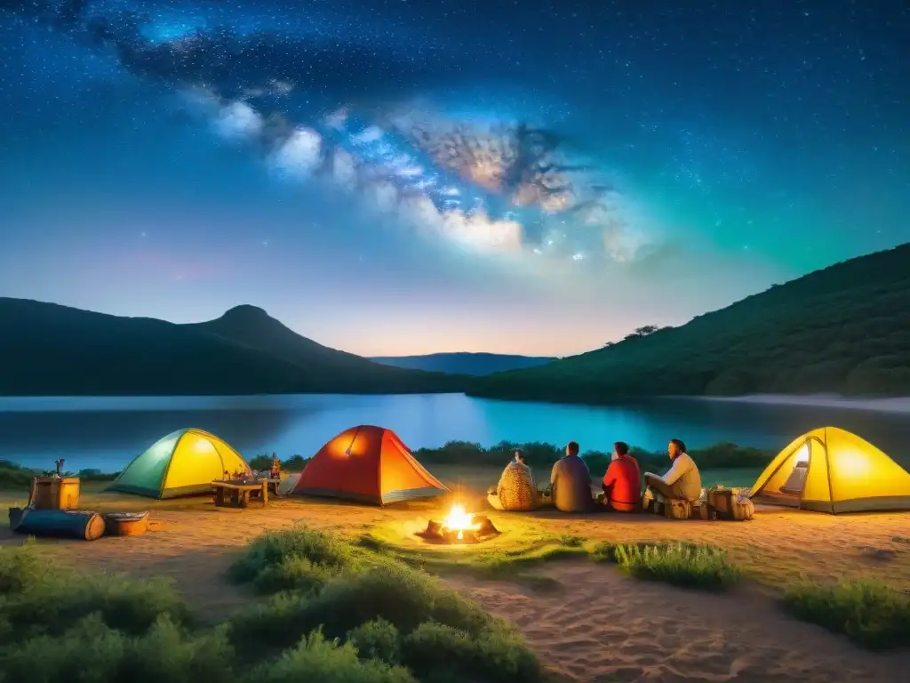 Camping multicultural en Uruguay: diversidad bajo las estrellas Un grupo diverso de campistas monta tiendas bajo un cielo estrellado en un camping en Uruguay, mostrando la cultura local de camping