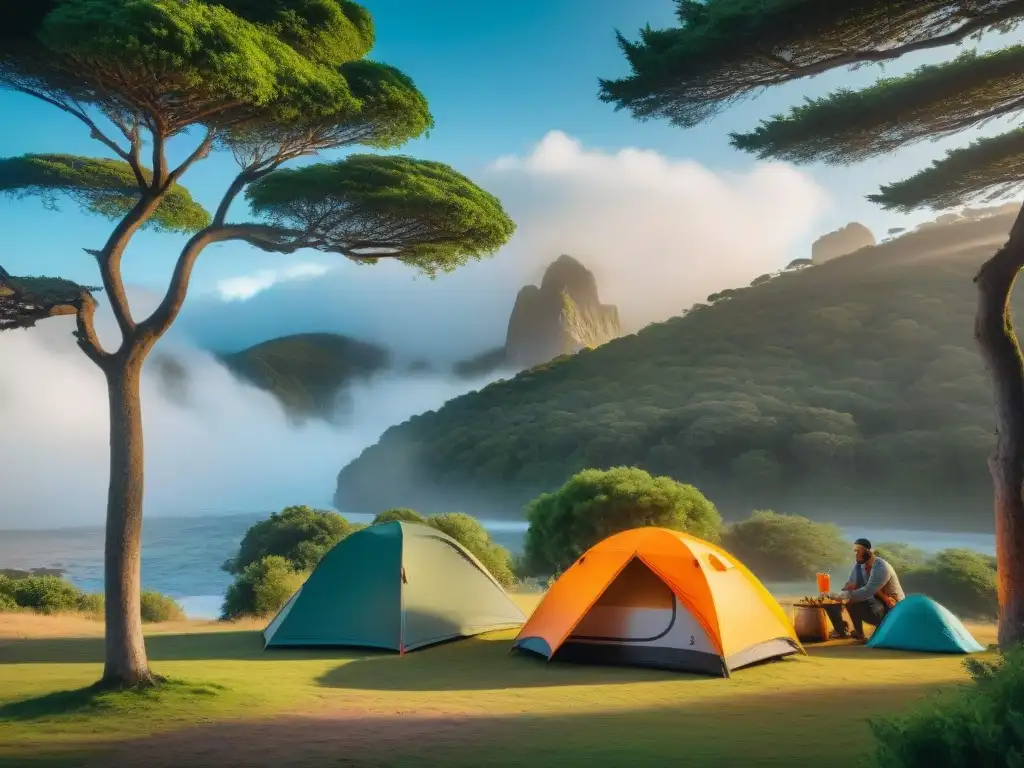 Campamento diverso en Uruguay: preparación, comunidad y naturaleza Grupo diverso de campistas montando tiendas de colores en un camping en Uruguay