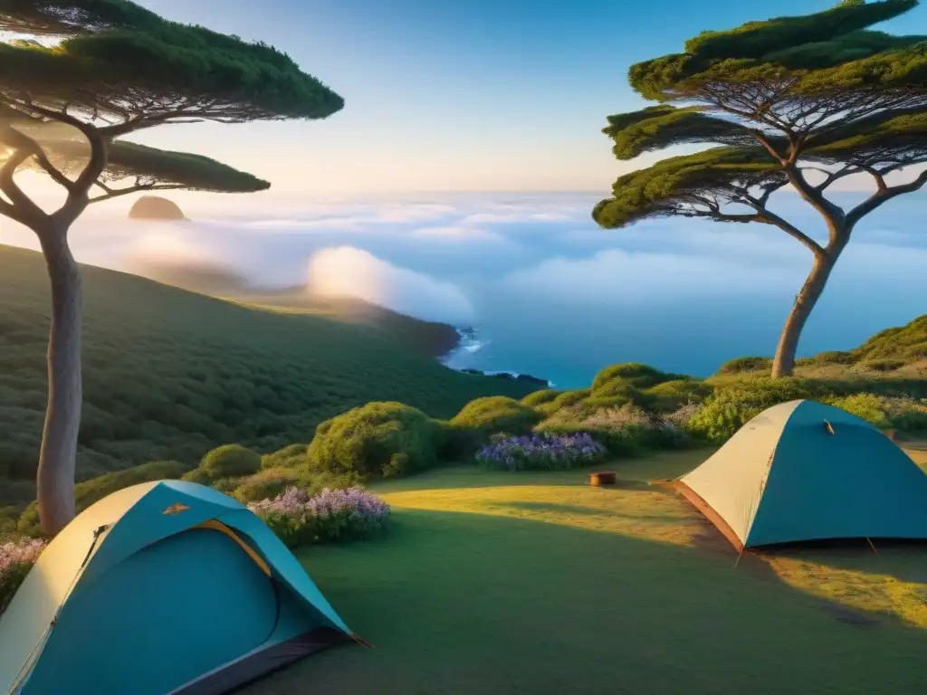 Camping diverso en Uruguay: aventura y conexión con la naturaleza Un grupo diverso de campistas monta tiendas en un hermoso camping en Uruguay