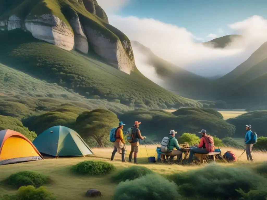 Campamento diverso en la exuberante naturaleza de Uruguay Un grupo diverso de campistas monta tiendas en la exuberante naturaleza de Uruguay, mostrando camaradería