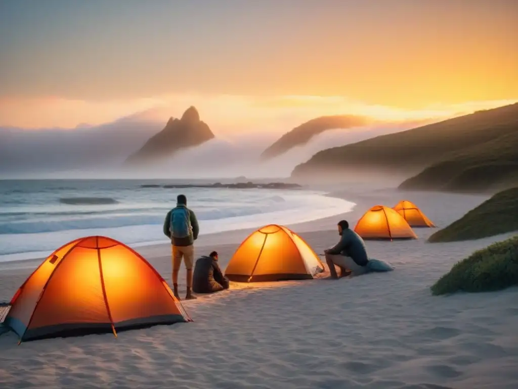 Campamento en la playa al atardecer: armonía y camaradería en Uruguay Grupo diverso de campistas uruguayos armando tiendas en la playa al atardecer