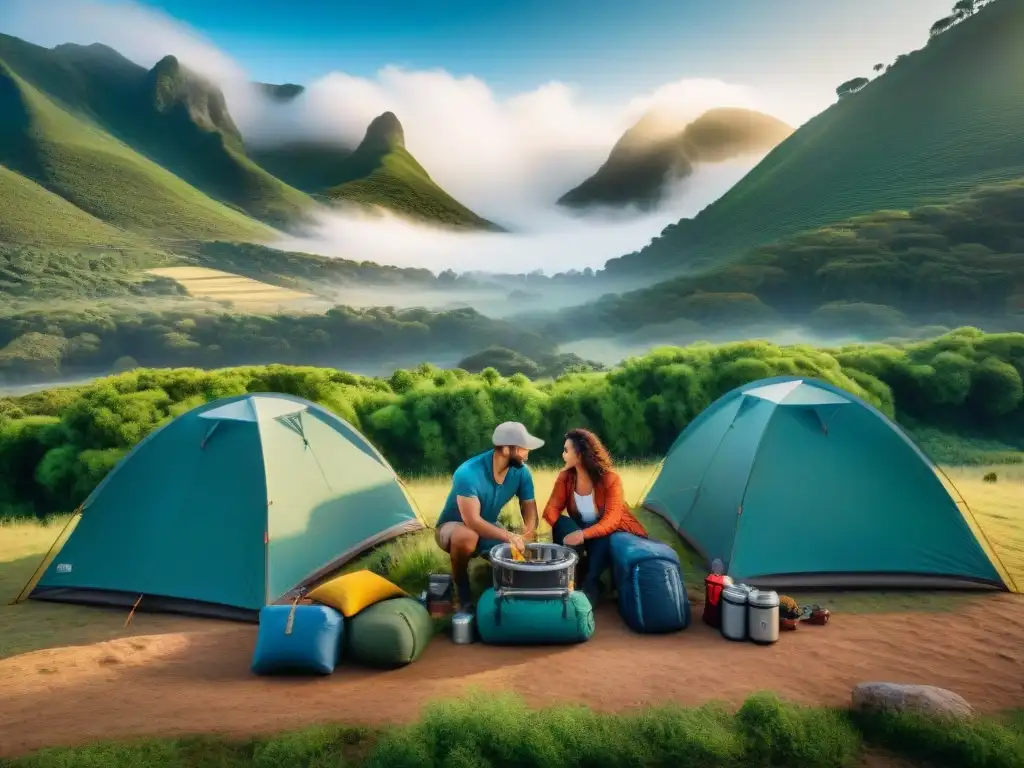 Preparativos de campamento en Uruguay: emoción y diversidad en la naturaleza Grupo diverso de campistas en Uruguay preparando su viaje de camping entre naturaleza exuberante