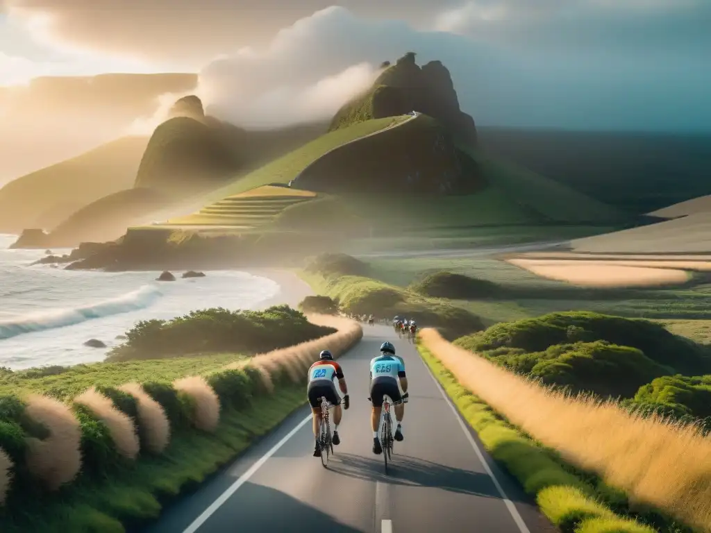 Épica travesía ciclista al atardecer en la costa de Uruguay Grupo diverso de ciclistas recorriendo la costa de Uruguay al atardecer, transmitiendo camaradería y determinación