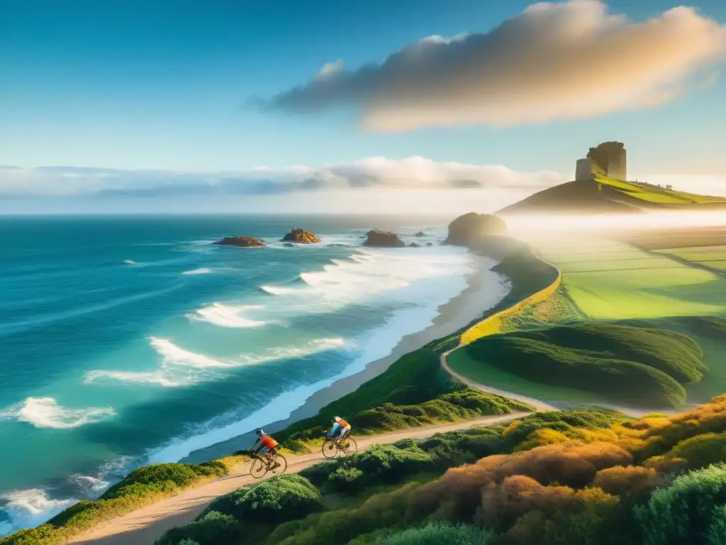 Épica travesía en bicicleta por la costa de Uruguay al atardecer Un grupo diverso de ciclistas recorre rutas costeras en bicicleta en Uruguay al atardecer
