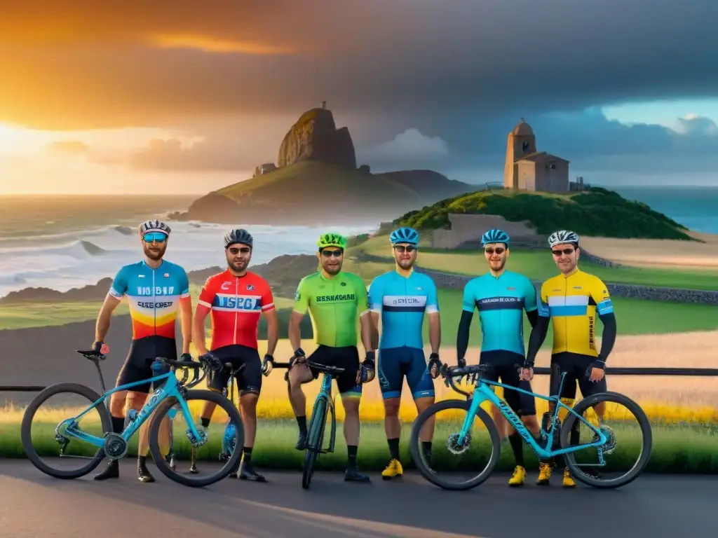 Ciclistas felices frente al icónico letrero de Montevideo, Uruguay Un grupo diverso de ciclistas sonrientes en Montevideo, con bicicletas y el sol dorado al fondo