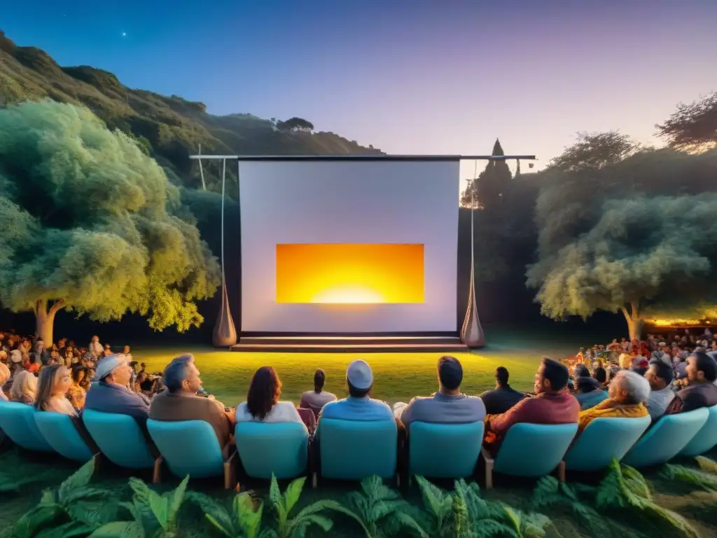 Cine al aire libre: Comunidad diversa bajo las estrellas en Uruguay Grupo diverso disfruta del cine uruguayo al aire libre bajo el cielo estrellado