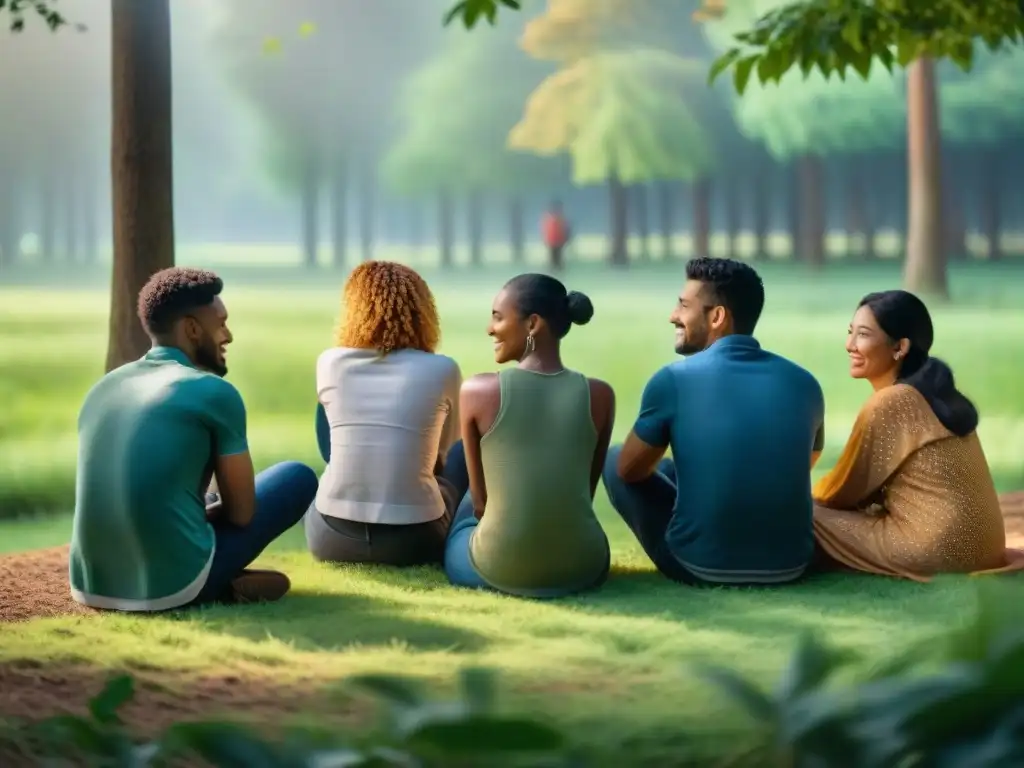 Conexión profunda en círculo: diversidad y armonía en el bosque Grupo diverso conversa en círculo en campo verde, bajo árboles altos