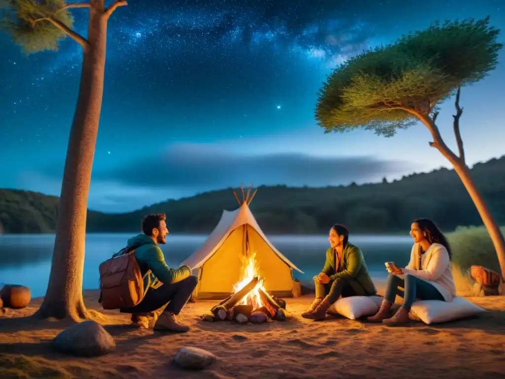 Noche de risas y amistad: Campamento estelar en Uruguay Grupo diverso de compañeros de camping en Uruguay riendo alrededor de la fogata en una noche estrellada y acogedora