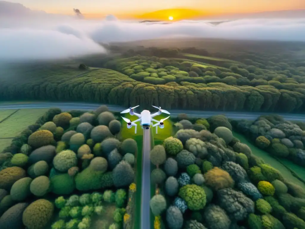 Drones en vuelo sobre Uruguay: belleza tecnológica Un grupo diverso de drones vuela sobre paisajes de Uruguay, mostrando la belleza de la tecnología dron en la naturaleza al atardecer