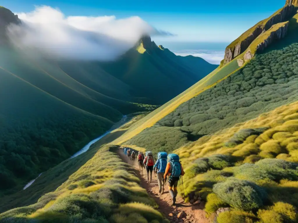 Un grupo diverso de excursionistas recorre los paisajes pintorescos de Quebrada de los Cuervos en Uruguay