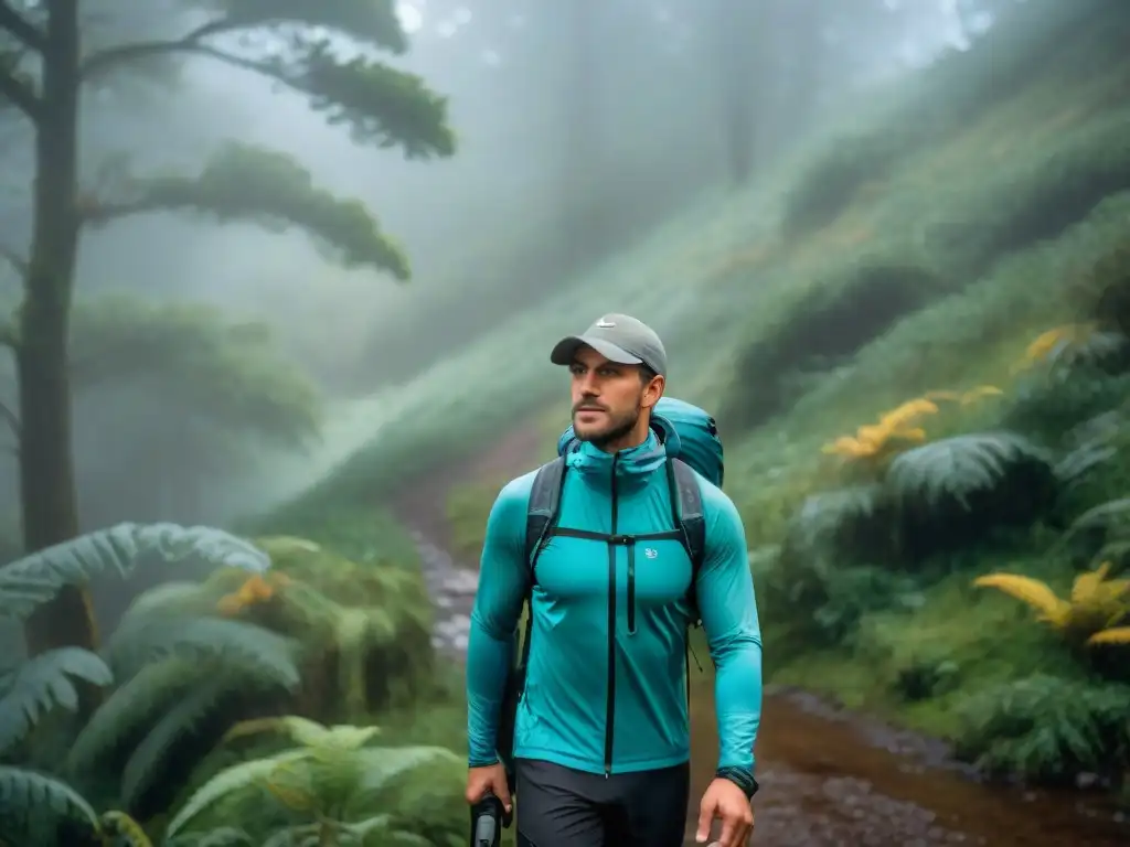 Aventura en Uruguay: Hikers con ropa técnica para clima variado Un grupo diverso de excursionistas ajusta su ropa técnica en un bosque neblinoso en Uruguay, demostrando preparación y resistencia ante el clima