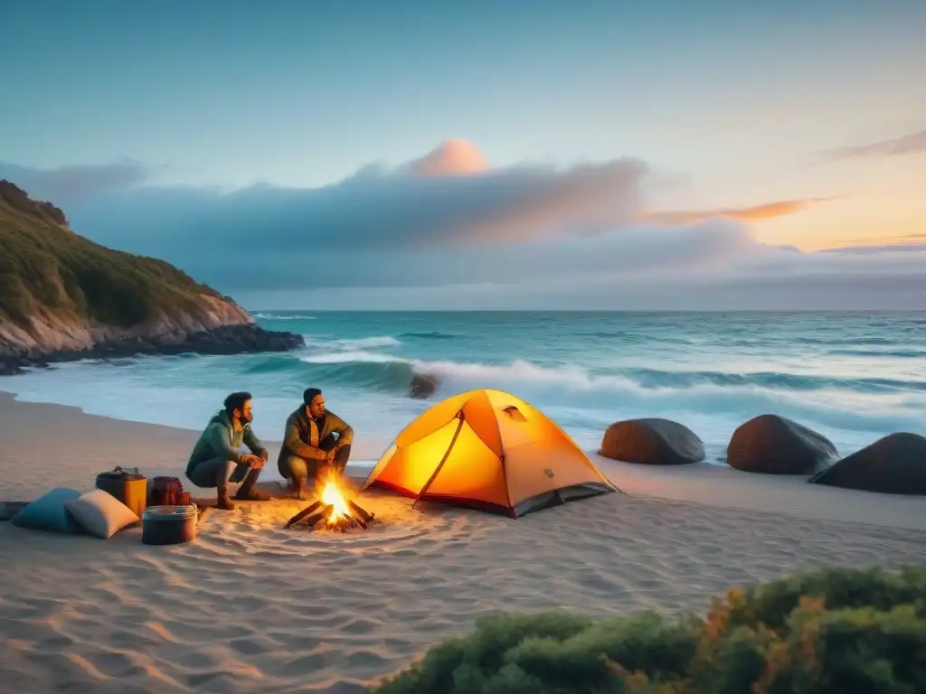 Campamento playero al atardecer: diversión y naturaleza en Uruguay Grupo diverso disfrutando de una experiencia camping sin tecnología en Uruguay, preparando fogata y tiendas al atardecer en la playa