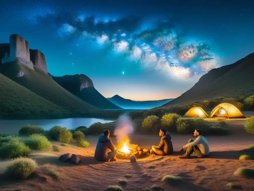 Exploradores en Uruguay: Noche de aventura y camaradería Un grupo diverso de exploradores en Uruguay disfruta de la noche alrededor de una fogata, iluminados por linternas de camping
