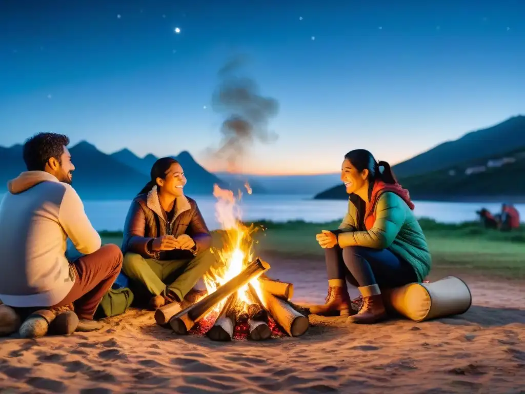 Familias uruguayas unidas en fogata: música y baile tradicional en camping Un grupo diverso de familias uruguayas se reúnen alrededor de una fogata en un camping, participando en música y baile folclórico