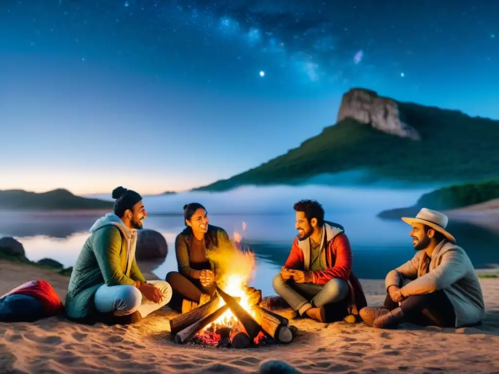 Comunidad multicultural en fogata estelar en Uruguay Grupo diverso comparte historias alrededor de fogata en campamento en Uruguay