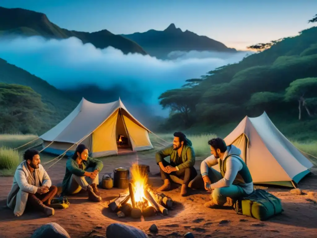 Comunidad diversa junto al fuego en bosque uruguayo Un grupo diverso junto a una fogata en un bosque uruguayo, reflejando el impacto cultural del camping en Uruguay