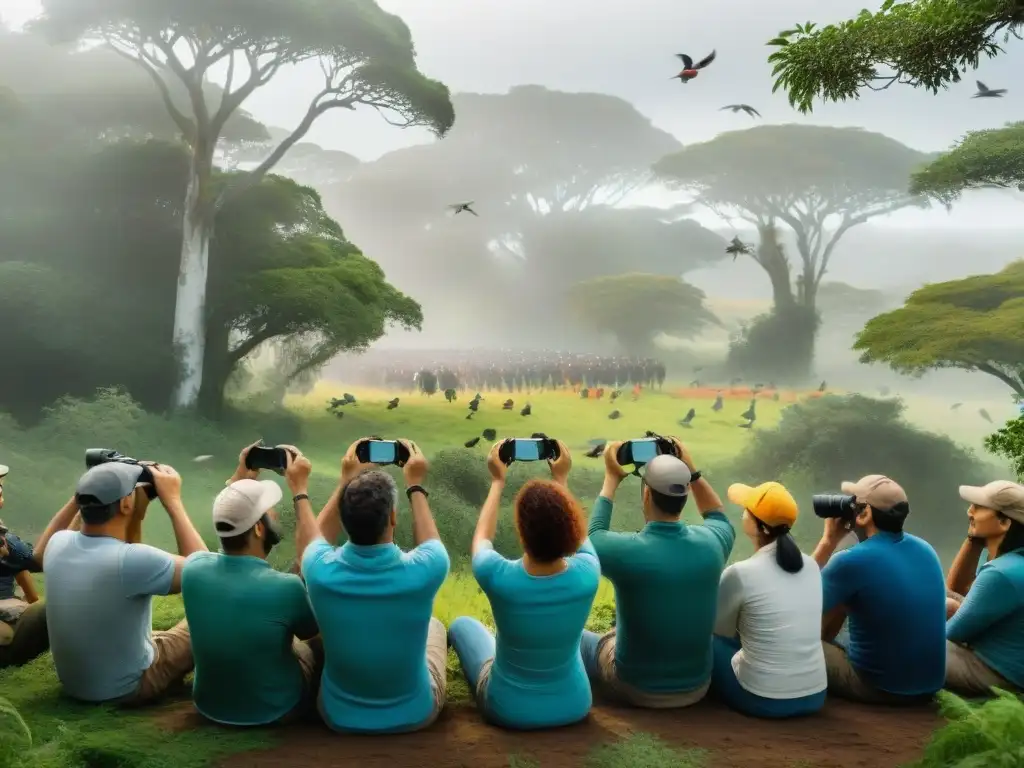 Encuentro apasionado: Festival de Observación de Aves en Uruguay Un grupo diverso de observadores de aves en un festival en Uruguay, rodeados de naturaleza exuberante y aves nativas coloridas
