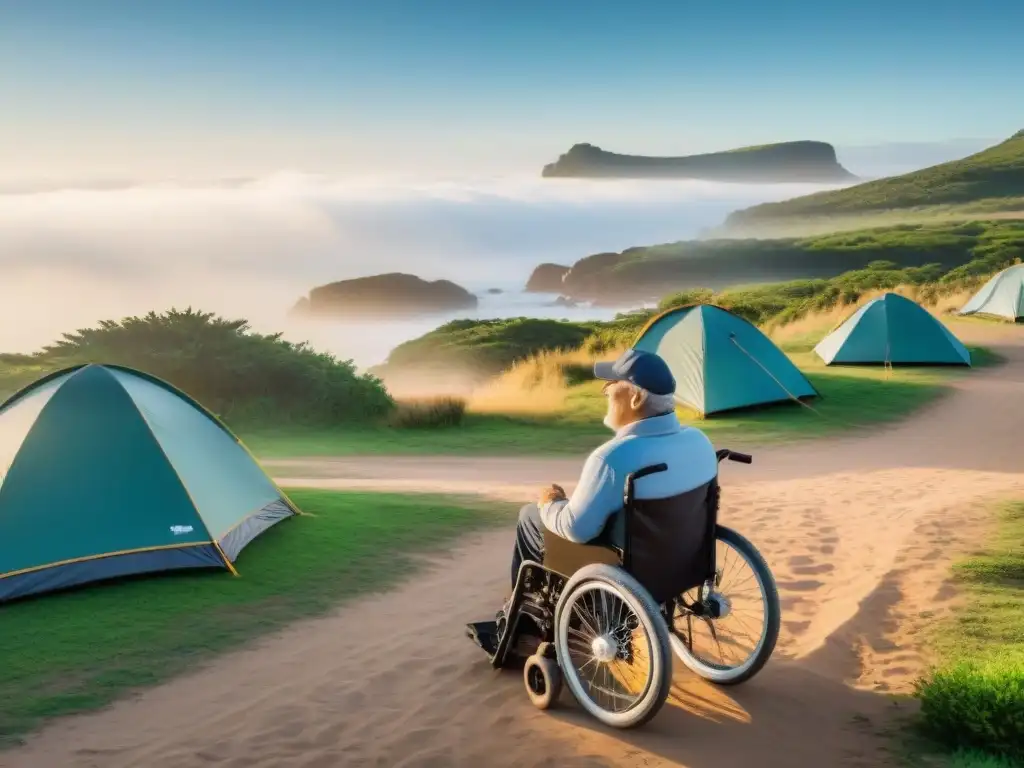 Camping inclusivo para personas con discapacidad en Uruguay Un grupo diverso de personas con discapacidades disfruta de un camping accesible en Uruguay, transmitiendo comunidad y alegría