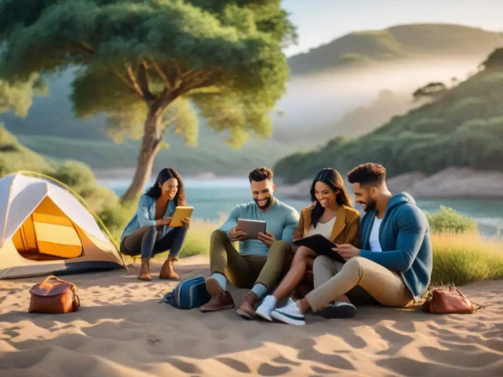 Campistas leyendo reseñas online al atardecer en Uruguay Grupo diverso lee reseñas campings Uruguay en tablet al atardecer, creando ambiente de camaradería y aventura