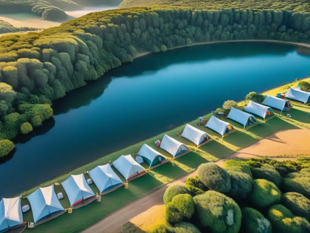 Camping diverso en Uruguay: comunidad, aventura y naturaleza Grupo diverso acampando en Uruguay, con tiendas tradicionales y modernas entre la naturaleza