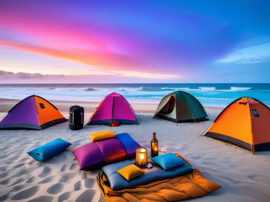 Acampando al atardecer en Uruguay: diversión y aventura en la playa Grupo diverso de viajeros montando un campamento en las costas de Uruguay al atardecer, con un cielo colorido