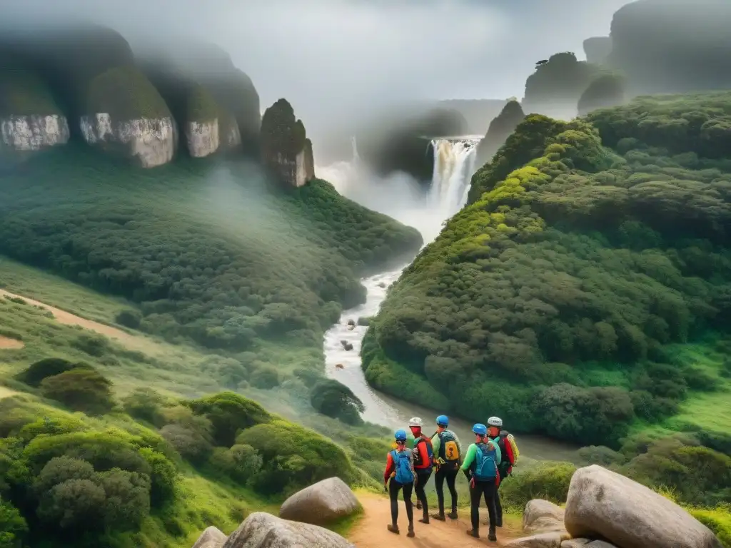 Aventura personalizada en Uruguay: emoción y diversión en la naturaleza Grupo diverso de viajeros en emocionante actividad de aventura en la naturaleza de Uruguay, destacando la personalización de los tours