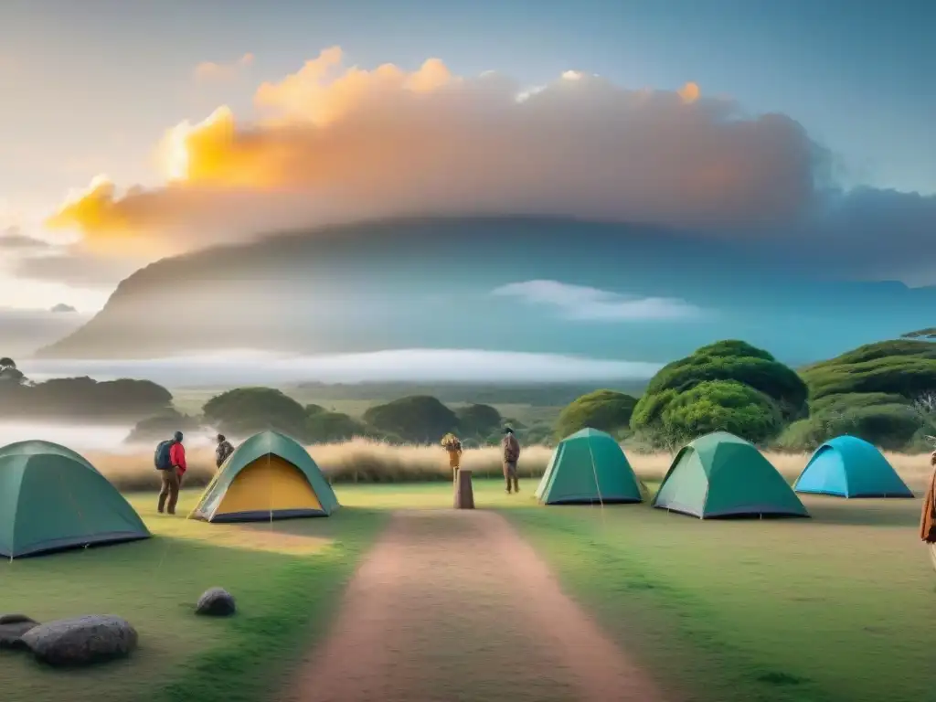 Campamento sostenible en Uruguay: diversidad, naturaleza y cultura Un grupo diverso de viajeros monta tiendas ecológicas en un camping en Uruguay al atardecer, con una guía local compartiendo historias indígenas